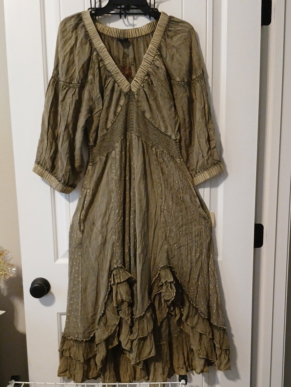 YOUNG THREADS Bohemian Olive Green Midi Dress with Ruffle Hem SZ L
